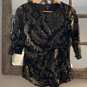 Alfani Women's Black and Gold Patterned Blouse